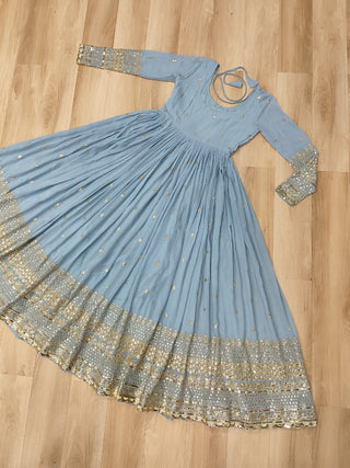 Sky Blue Designer Dusty-Tone Faux Georgette Gown with Embroidery & Sequins Dupatta ClothsVilla