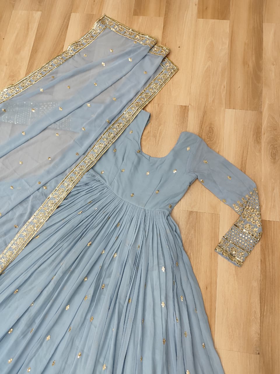 Sky Blue Designer Dusty-Tone Faux Georgette Gown with Embroidery & Sequins Dupatta ClothsVilla