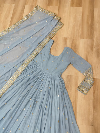 Sky Blue Designer Dusty-Tone Faux Georgette Gown with Embroidery & Sequins Dupatta ClothsVilla