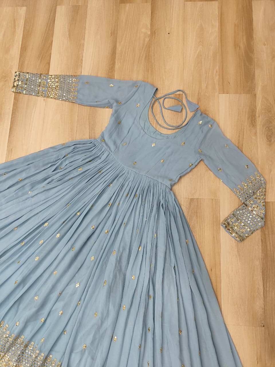 Sky Blue Designer Dusty-Tone Faux Georgette Gown with Embroidery & Sequins Dupatta ClothsVilla