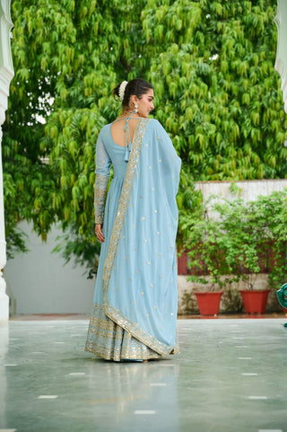 Sky Blue Designer Dusty-Tone Faux Georgette Gown with Embroidery & Sequins Dupatta ClothsVilla