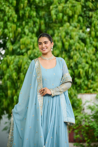 Sky Blue Designer Dusty-Tone Faux Georgette Gown with Embroidery & Sequins Dupatta ClothsVilla