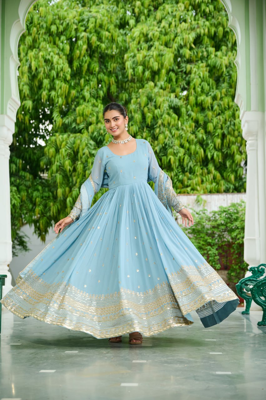 Sky Blue Designer Dusty-Tone Faux Georgette Gown with Embroidery & Sequins Dupatta ClothsVilla
