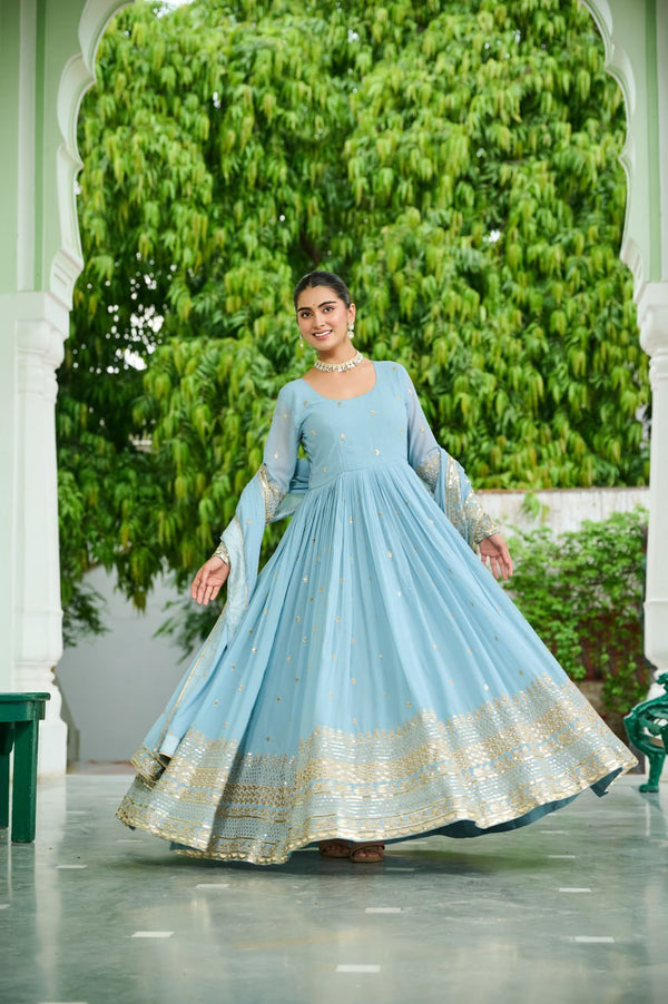 Sky Blue Designer Dusty-Tone Faux Georgette Gown with Embroidery & Sequins Dupatta ClothsVilla