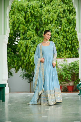 Sky Blue Designer Dusty-Tone Faux Georgette Gown with Embroidery & Sequins Dupatta ClothsVilla