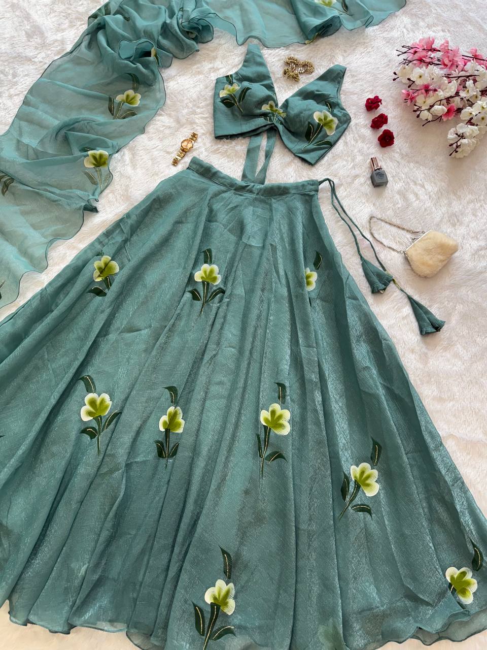 Sky Blue Designer Fandy Crush Handpaint Lehenga Set ClothsVilla