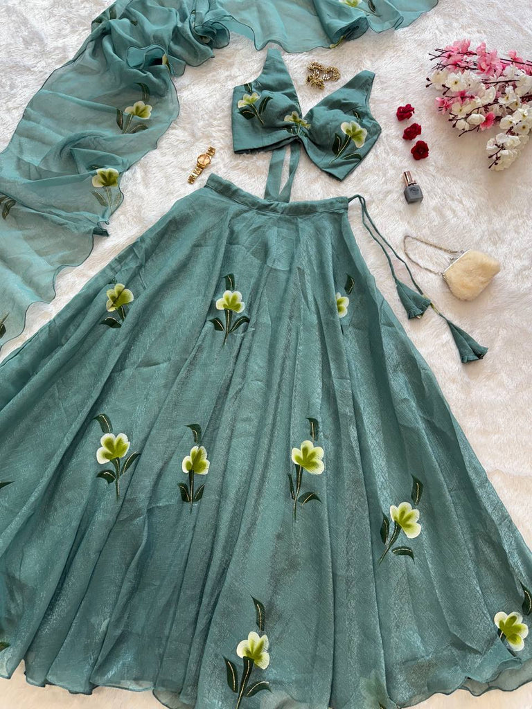 Sky Blue Designer Fandy Crush Handpaint Lehenga Set ClothsVilla