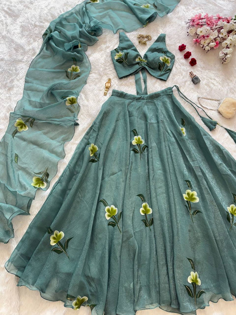Sky Blue Designer Fandy Crush Handpaint Lehenga Set ClothsVilla