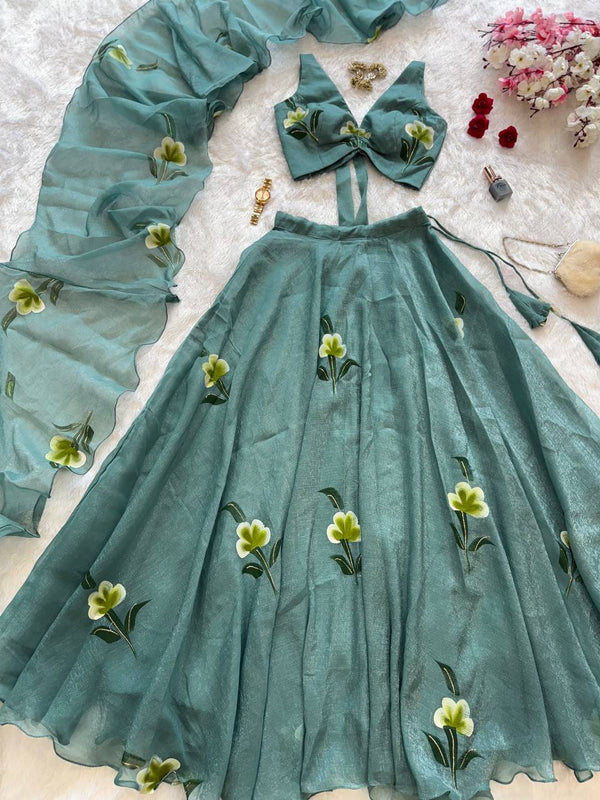 Sky Blue Designer Fandy Crush Handpaint Lehenga Set ClothsVilla