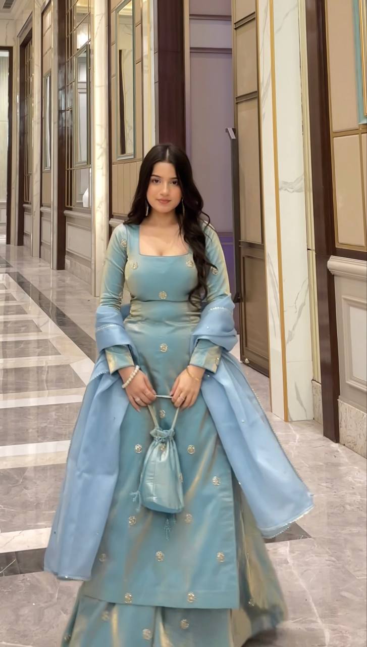 Sky Blue Designer Fandy Silk Plazo Set with Sequins Work & Dupatta ClothsVilla