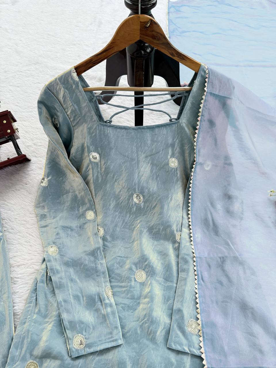 Sky Blue Designer Fandy Silk Plazo Set with Sequins Work & Dupatta ClothsVilla