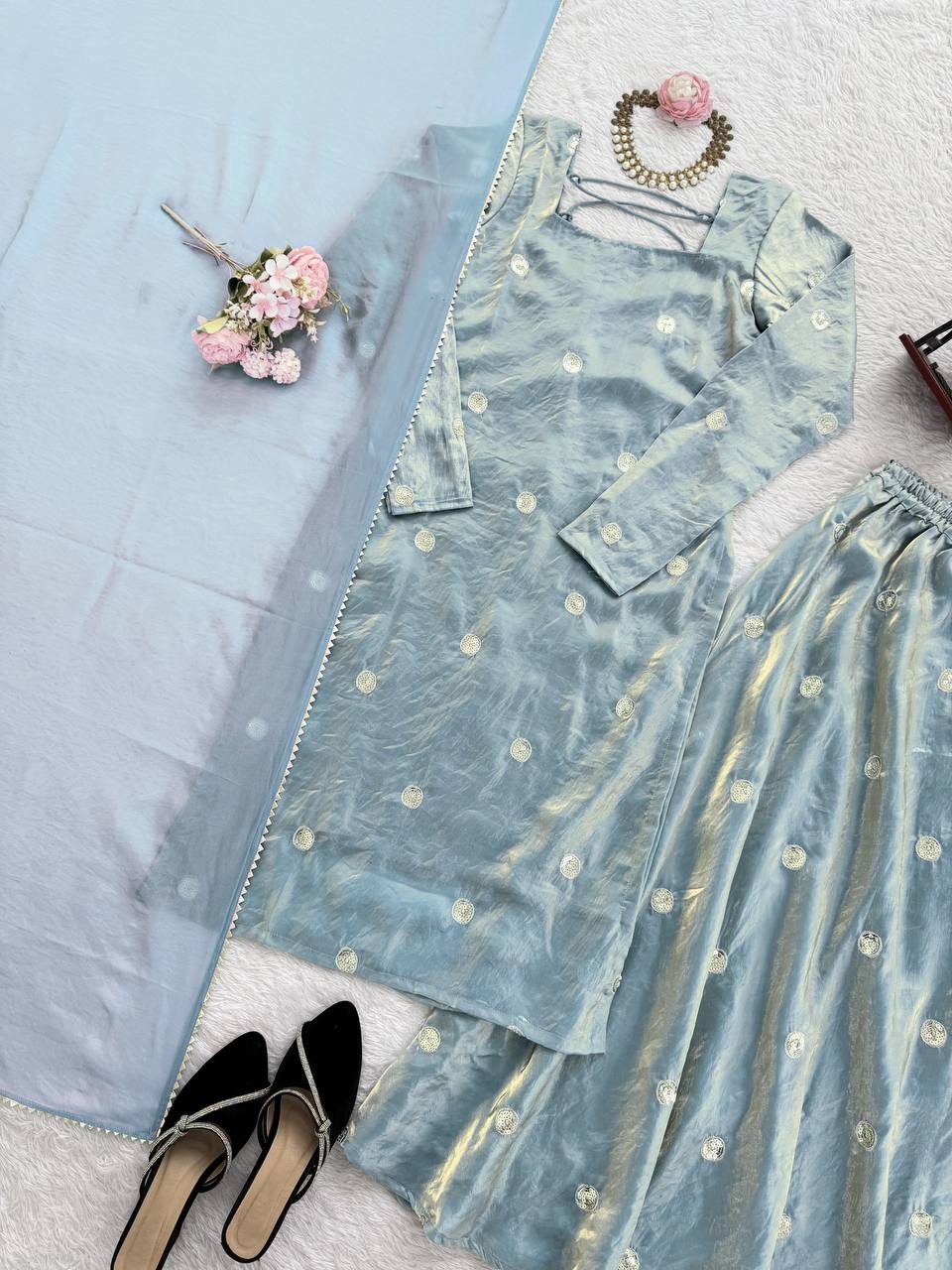 Sky Blue Designer Fandy Silk Plazo Set with Sequins Work & Dupatta ClothsVilla