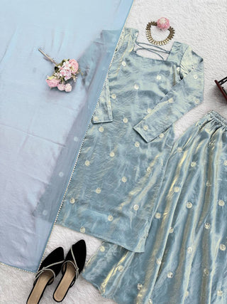 Sky Blue Designer Fandy Silk Plazo Set with Sequins Work & Dupatta ClothsVilla