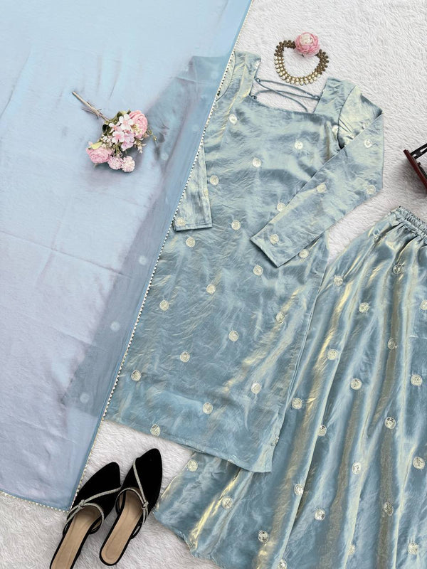 Sky Blue Designer Fandy Silk Plazo Set with Sequins Work & Dupatta ClothsVilla