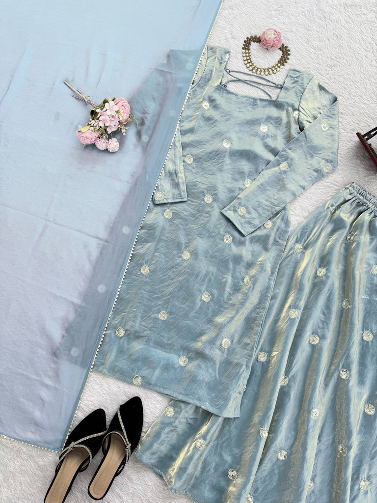 Sky Blue Designer Fandy Silk Plazo Set with Sequins Work & Dupatta ClothsVilla