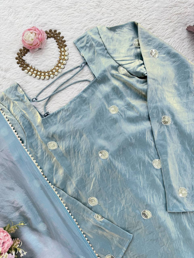 Sky Blue Designer Fandy Silk Plazo Set with Sequins Work & Dupatta ClothsVilla