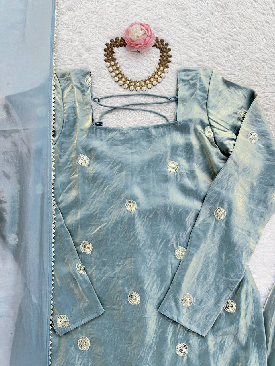 Sky Blue Designer Fandy Silk Plazo Set with Sequins Work & Dupatta ClothsVilla