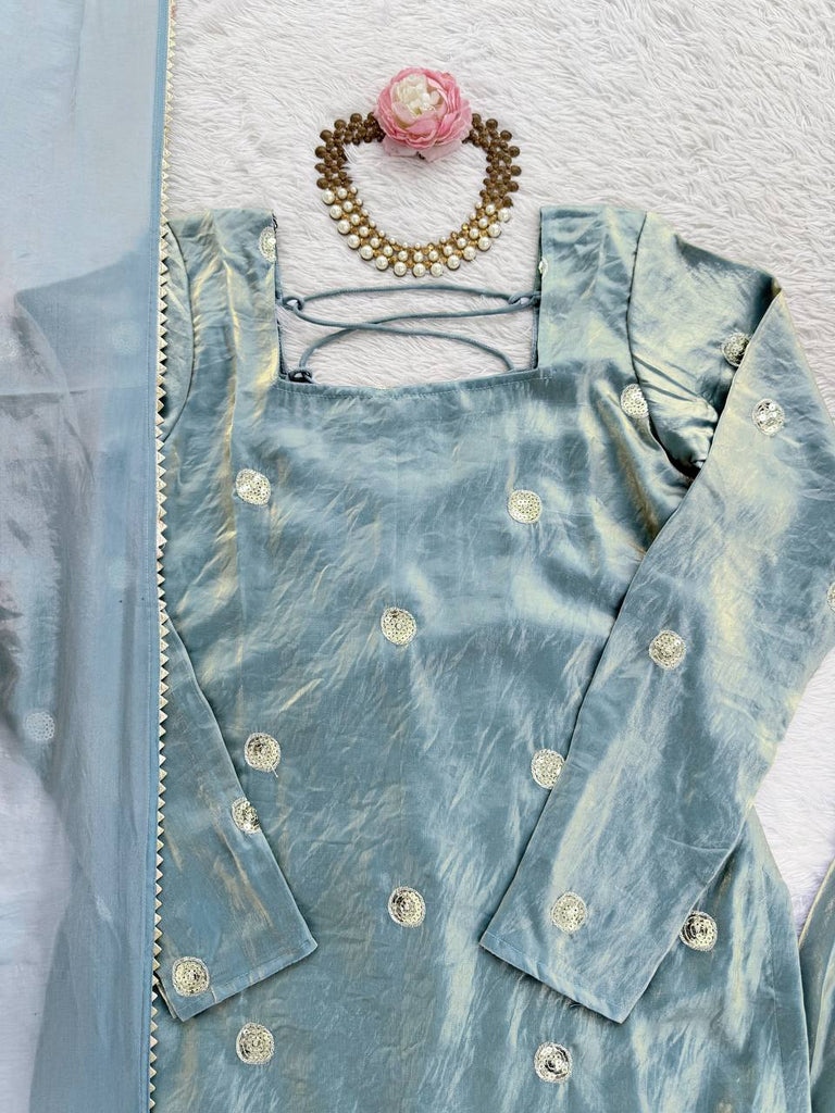 Sky Blue Designer Fandy Silk Plazo Set with Sequins Work & Dupatta ClothsVilla