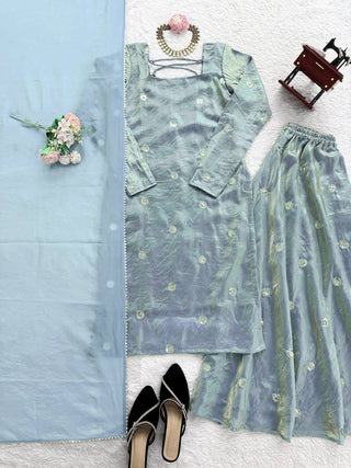Sky Blue Designer Fandy Silk Plazo Set with Sequins Work & Dupatta ClothsVilla