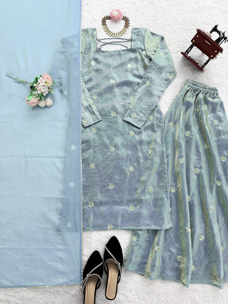 Sky Blue Designer Fandy Silk Plazo Set with Sequins Work & Dupatta ClothsVilla