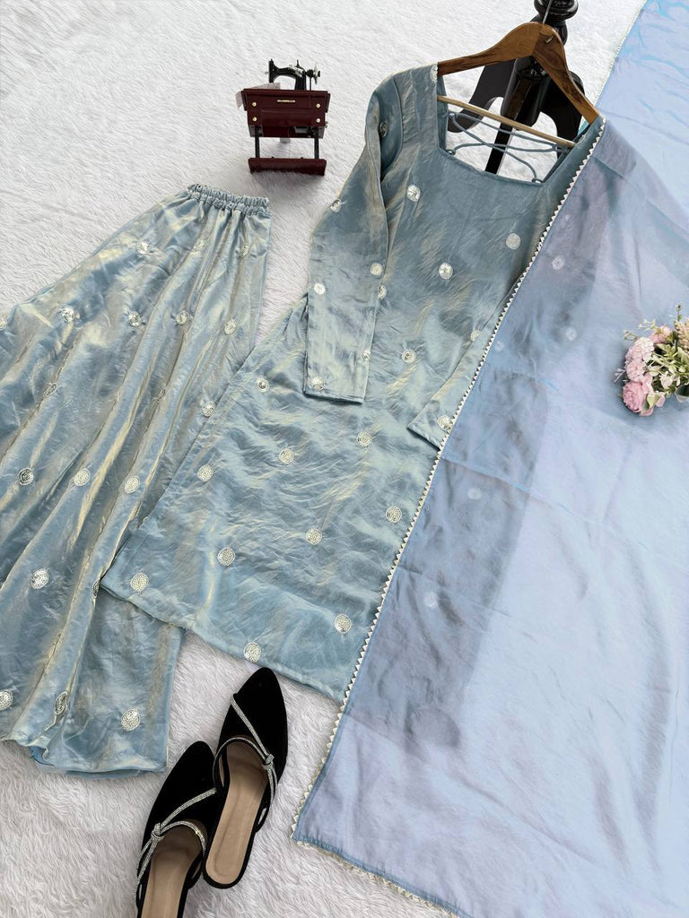 Sky Blue Designer Fandy Silk Plazo Set with Sequins Work & Dupatta ClothsVilla