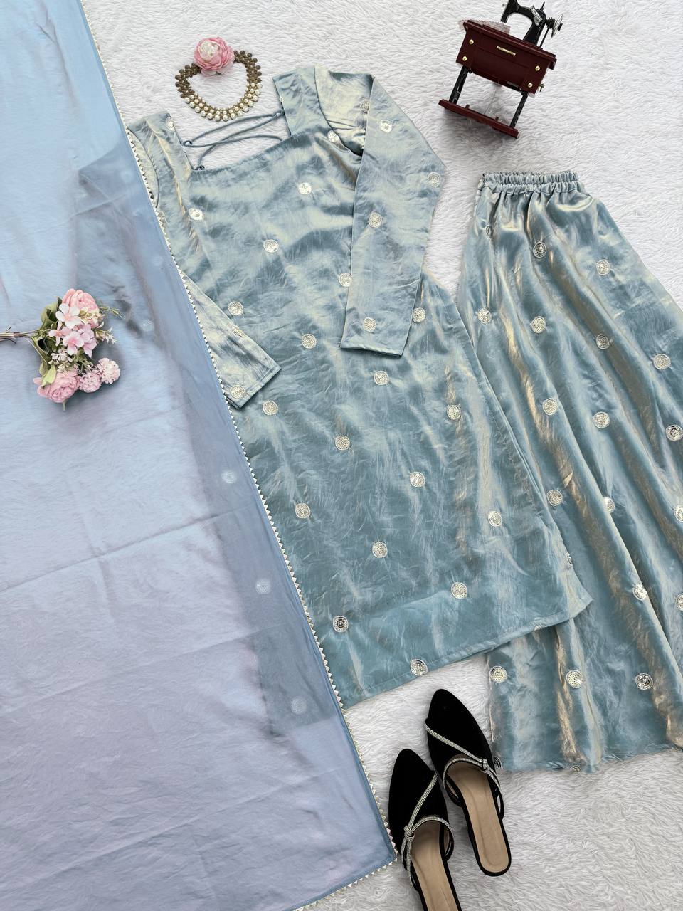 Sky Blue Designer Fandy Silk Plazo Set with Sequins Work & Dupatta ClothsVilla