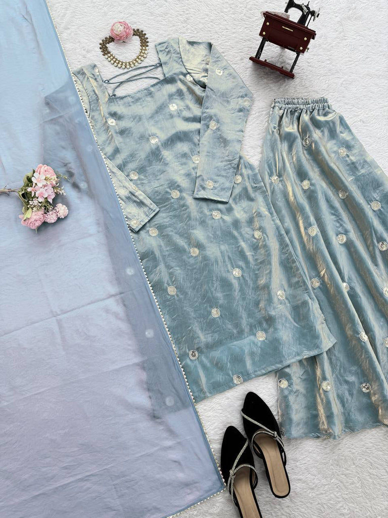 Sky Blue Designer Fandy Silk Plazo Set with Sequins Work & Dupatta ClothsVilla