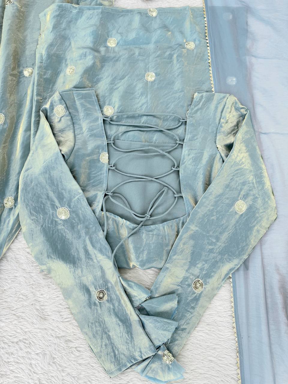 Sky Blue Designer Fandy Silk Plazo Set with Sequins Work & Dupatta ClothsVilla