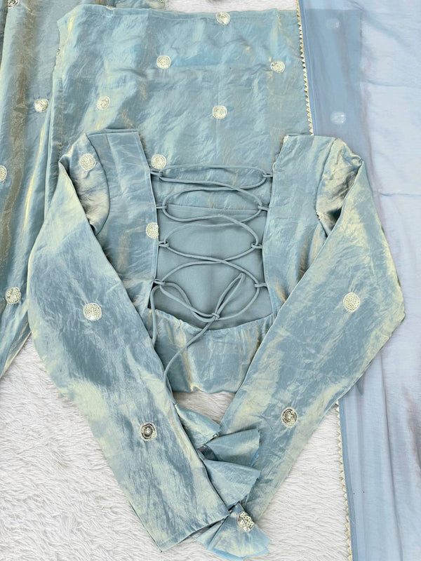 Sky Blue Designer Fandy Silk Plazo Set with Sequins Work & Dupatta ClothsVilla