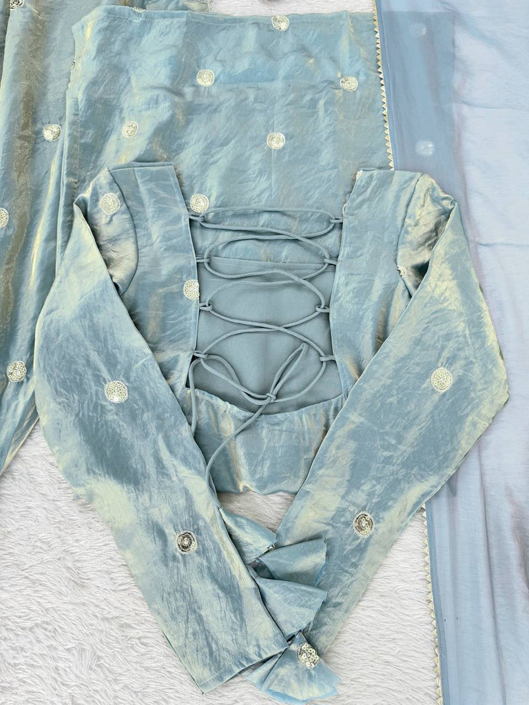 Sky Blue Designer Fandy Silk Plazo Set with Sequins Work & Dupatta ClothsVilla