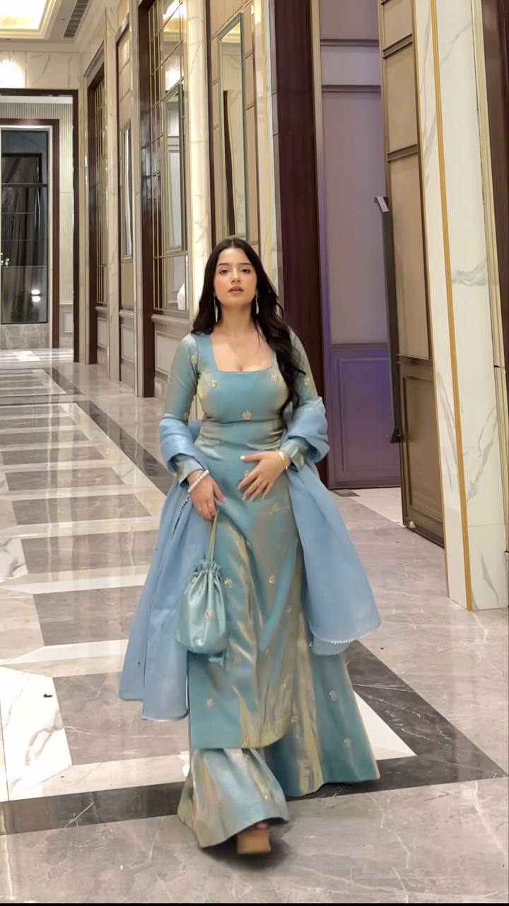 Sky Blue Designer Fandy Silk Plazo Set with Sequins Work & Dupatta ClothsVilla
