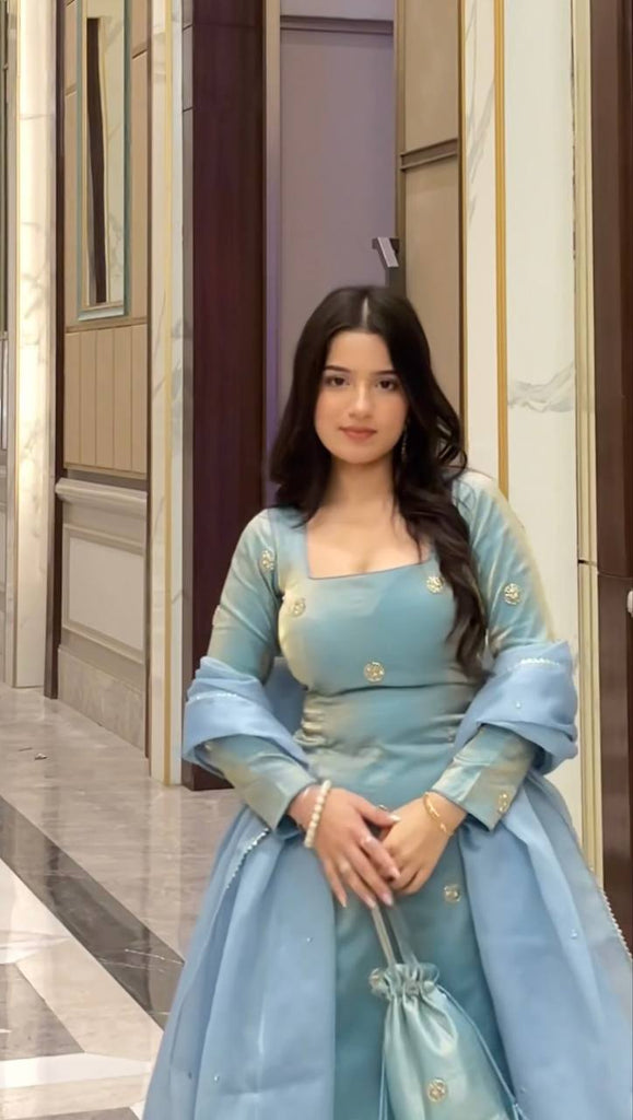 Sky Blue Designer Fandy Silk Plazo Set with Sequins Work & Dupatta ClothsVilla