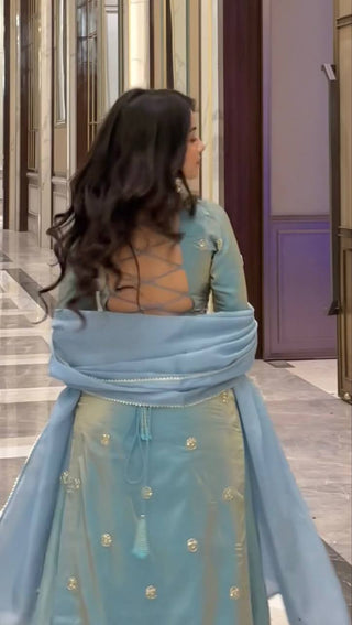 Sky Blue Designer Fandy Silk Plazo Set with Sequins Work & Dupatta ClothsVilla