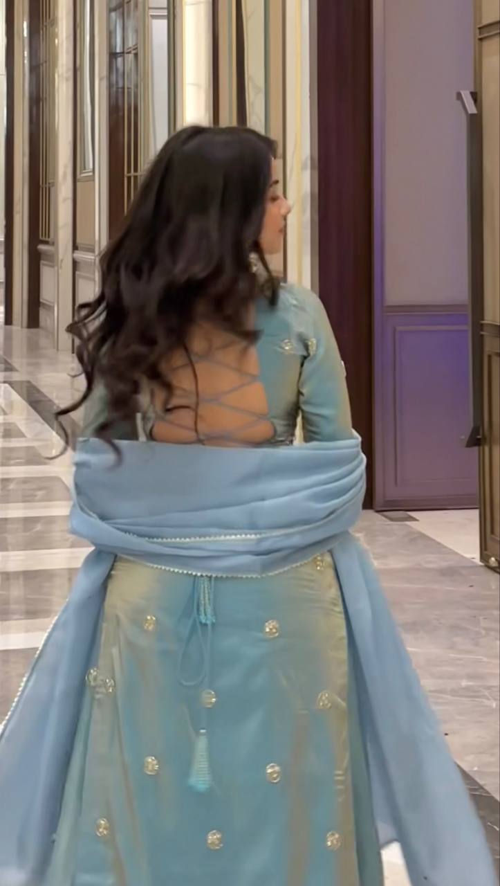 Sky Blue Designer Fandy Silk Plazo Set with Sequins Work & Dupatta ClothsVilla