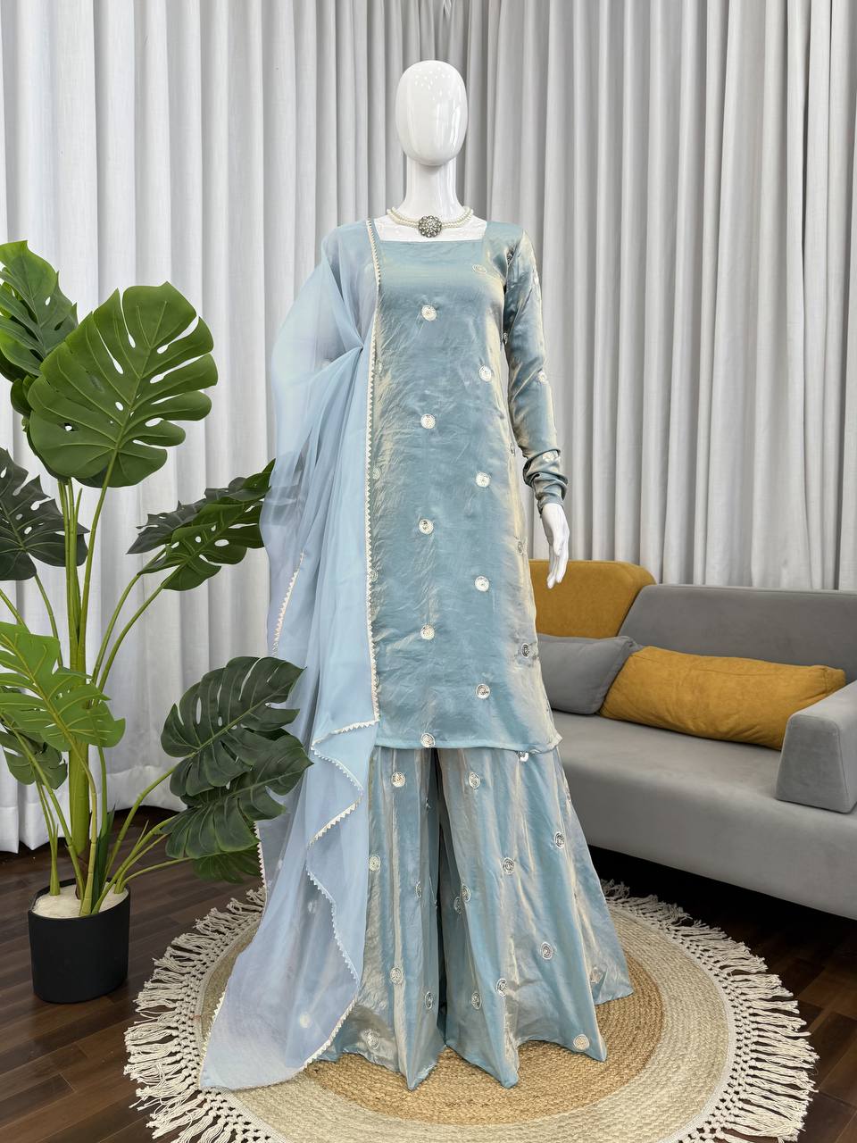 Sky Blue Designer Fandy Silk Plazo Set with Sequins Work & Dupatta ClothsVilla
