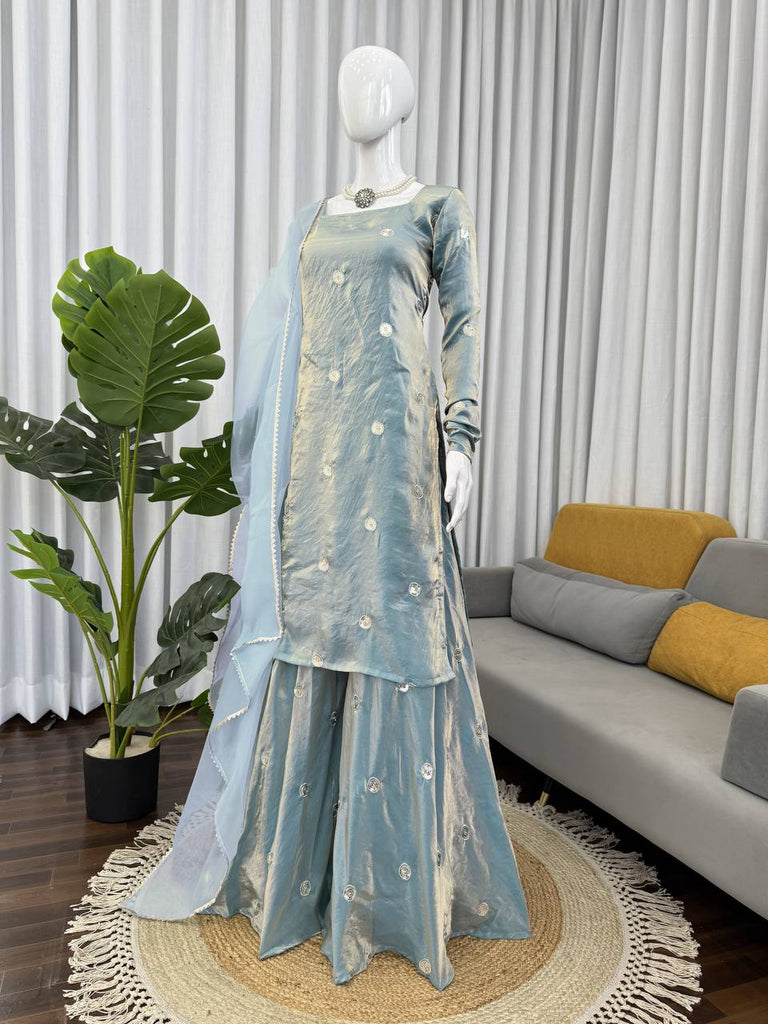 Sky Blue Designer Fandy Silk Plazo Set with Sequins Work & Dupatta ClothsVilla