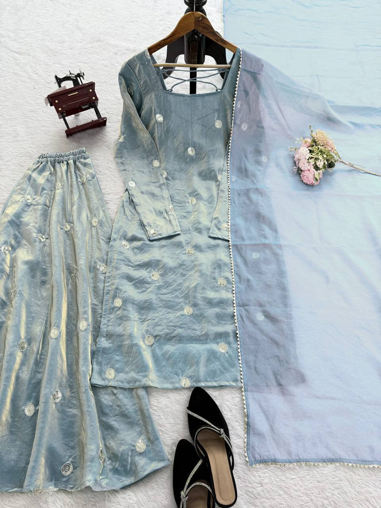 Sky Blue Designer Fandy Silk Plazo Set with Sequins Work & Dupatta ClothsVilla