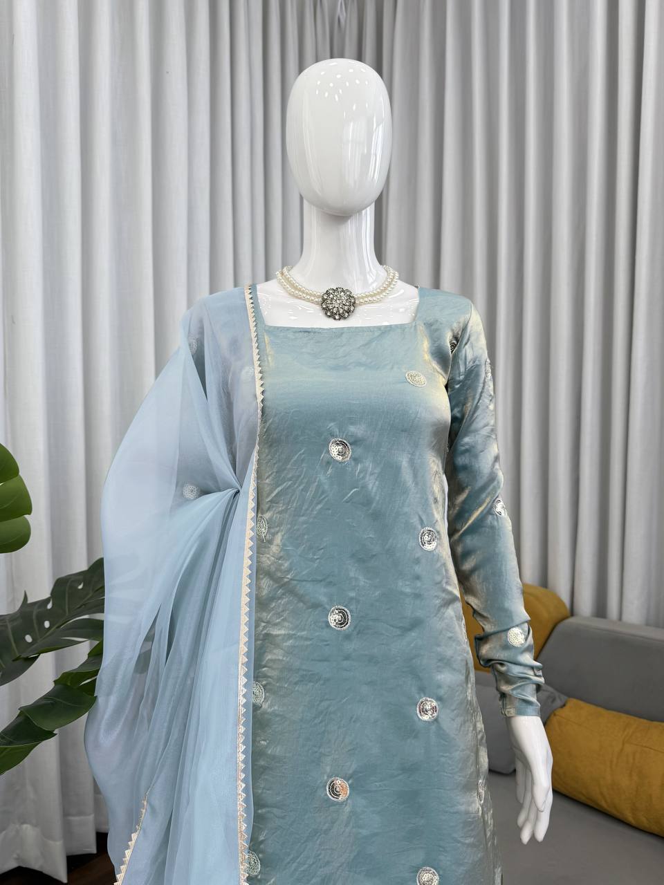 Sky Blue Designer Fandy Silk Plazo Set with Sequins Work & Dupatta ClothsVilla