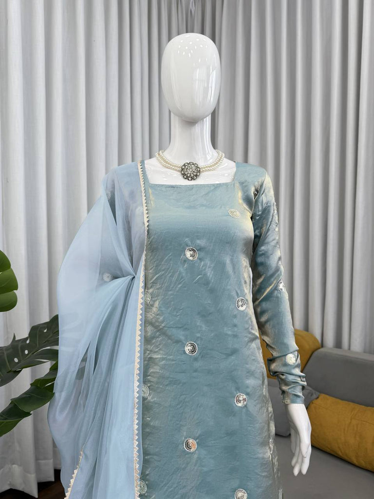 Sky Blue Designer Fandy Silk Plazo Set with Sequins Work & Dupatta ClothsVilla