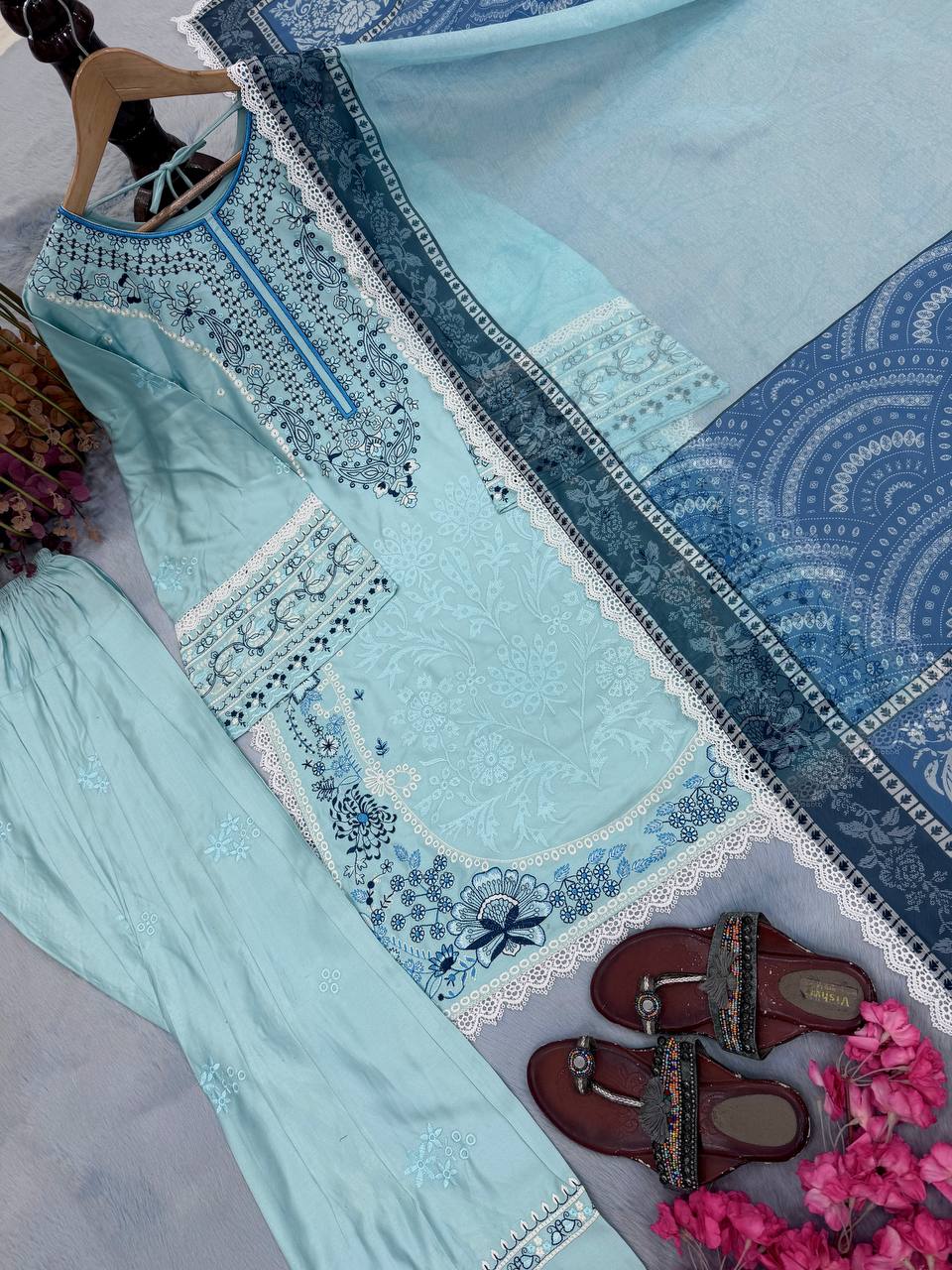 Sky Blue Designer Farshi Palazzo Suit ClothsVilla