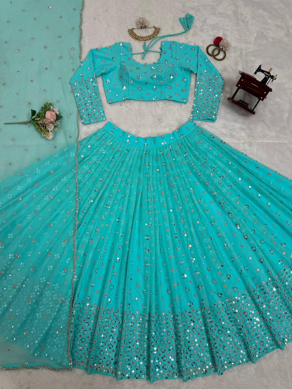 Sky Blue Designer Faux Georgette Semi-Stitched Lehenga Set with 9mm Sequin Embroidery & Cutwork Dupatta Clothsvilla