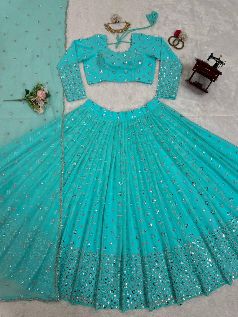 Sky Blue Designer Faux Georgette Semi-Stitched Lehenga Set with 9mm Sequin Embroidery & Cutwork Dupatta Clothsvilla