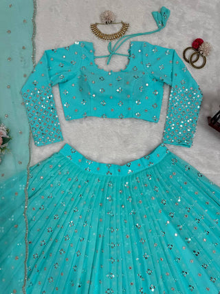 Sky Blue Designer Faux Georgette Semi-Stitched Lehenga Set with 9mm Sequin Embroidery & Cutwork Dupatta Clothsvilla