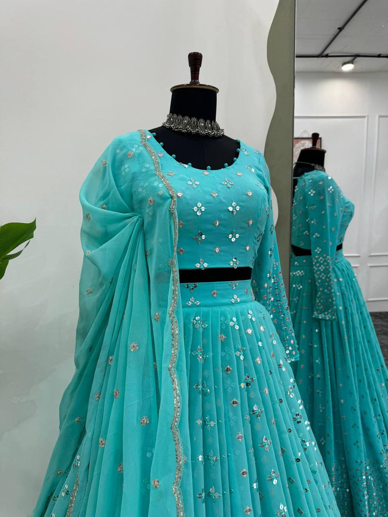 Sky Blue Designer Faux Georgette Semi-Stitched Lehenga Set with 9mm Sequin Embroidery & Cutwork Dupatta Clothsvilla