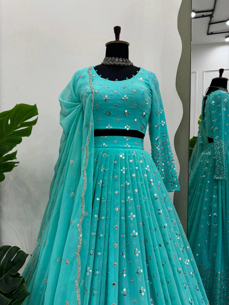 Sky Blue Designer Faux Georgette Semi-Stitched Lehenga Set with 9mm Sequin Embroidery & Cutwork Dupatta Clothsvilla