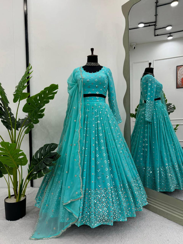 Sky Blue Designer Faux Georgette Semi-Stitched Lehenga Set with 9mm Sequin Embroidery & Cutwork Dupatta Clothsvilla