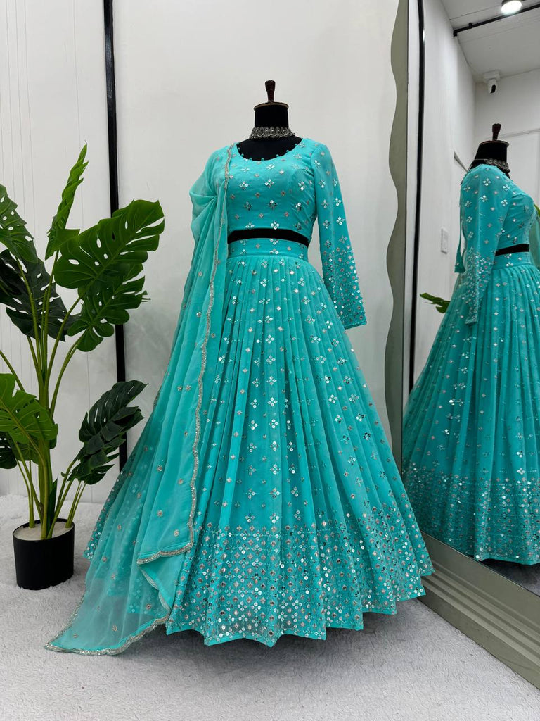 Sky Blue Designer Faux Georgette Semi-Stitched Lehenga Set with 9mm Sequin Embroidery & Cutwork Dupatta Clothsvilla