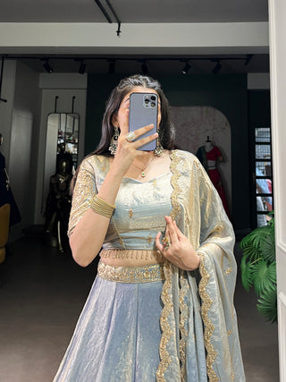 Sky Blue Designer Fendi Lehenga Choli Set with Sequins & Thread Embroidery  Heavy Flair Stitched Lehenga with Dupatta ClothsVilla