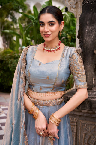 Sky Blue Designer Fendi Lehenga Choli Set with Sequins & Thread Embroidery  Heavy Flair Stitched Lehenga with Dupatta ClothsVilla