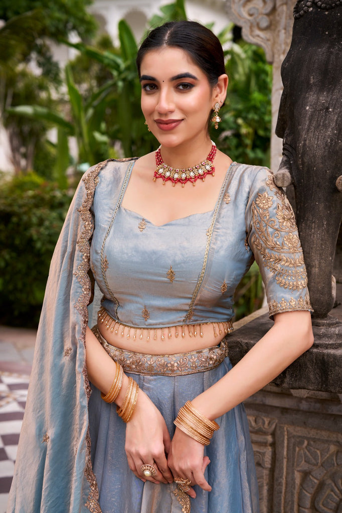 Sky Blue Designer Fendi Lehenga Choli Set with Sequins & Thread Embroidery  Heavy Flair Stitched Lehenga with Dupatta ClothsVilla